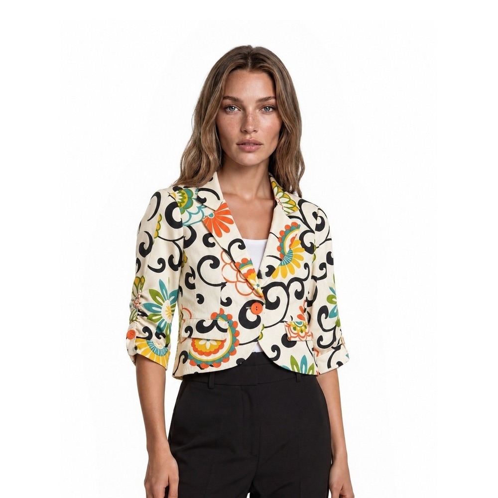 Vintage 3‎ Sisters Floral Blazer Jacket 100% Cotton Women's Size Medium Ruched